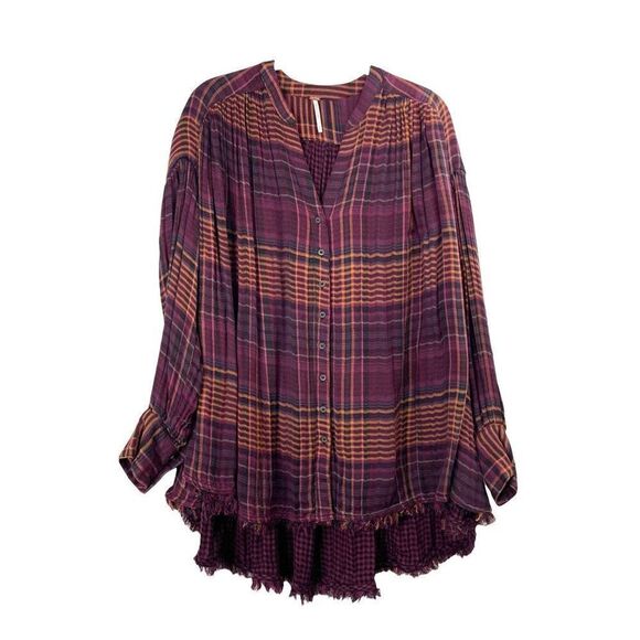 Free People Come On Over Oversized Plaid Shirt top Size XS boho lagenlook - Picture 4 of 10